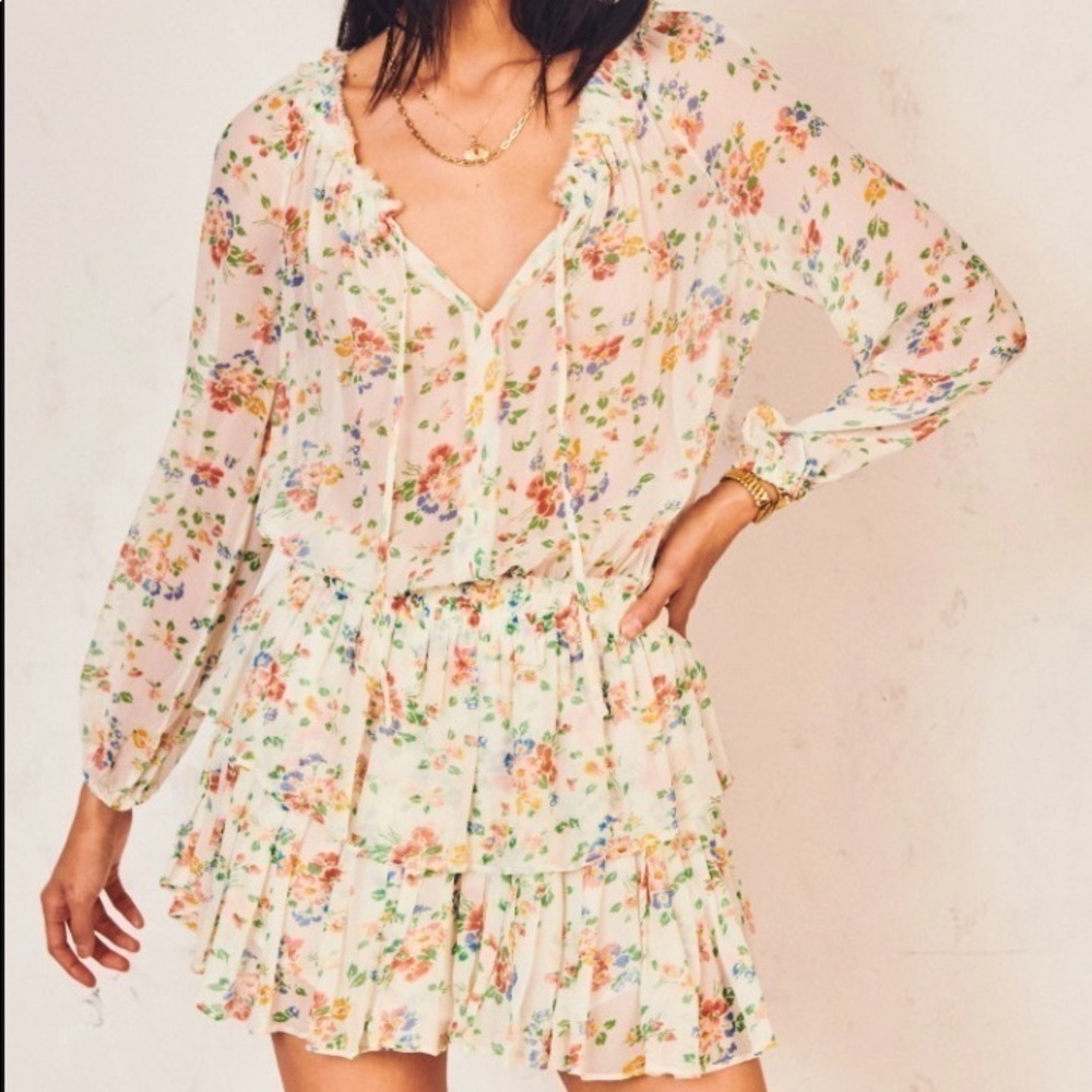 LoveShackFancy Floral Popover Silk Dress - Picture 2 of 12